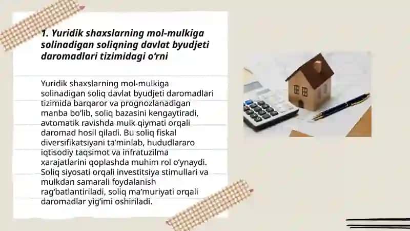 Yuridik shaxslarning mol-mulkiga solinadigan soliqning davlat byudjeti daromadlarini shakllantirishdagi ahamiyati 3