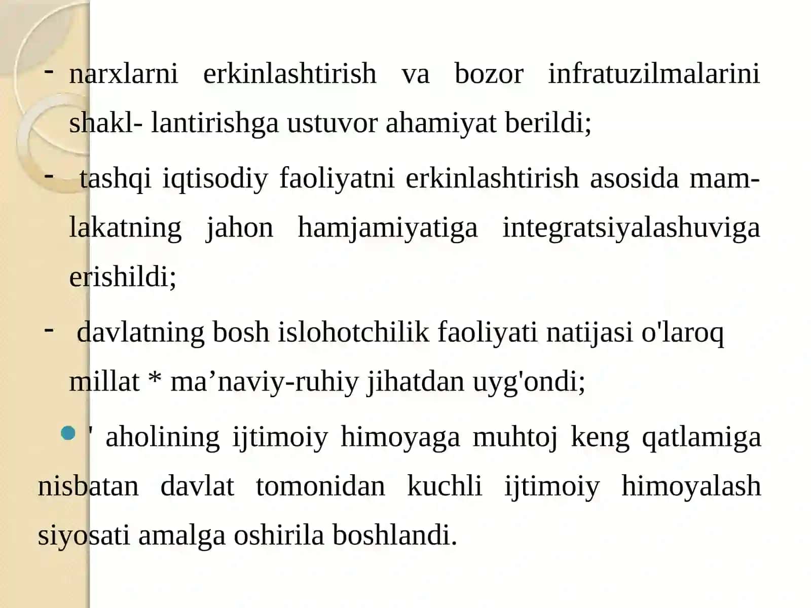 Iqtisodiy islohotlar, xususiy muhlkchilikning shakllanishi. O’zbekistondada bozor munosabatlarining rivojlanishi 3