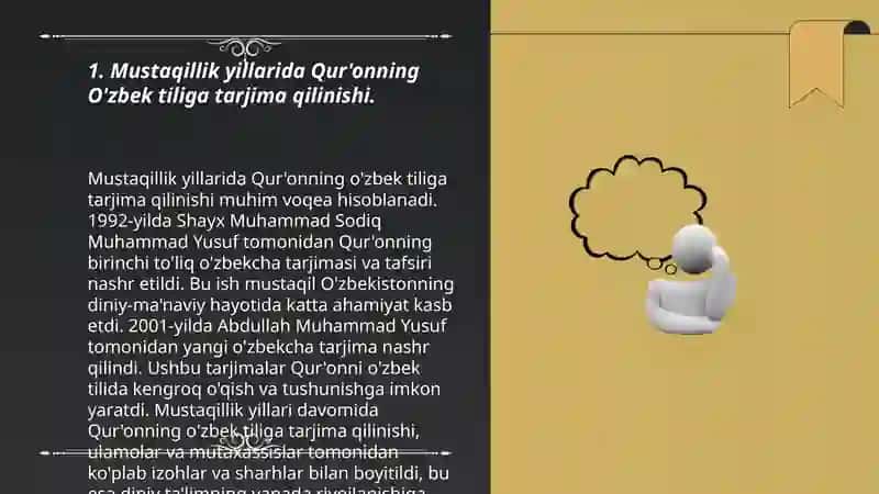 Mustaqillik yillarida Qur'onning o'zbek tiliga tarjima qilinishi va tafsirlari haqida taqdimot tayyorlash 3