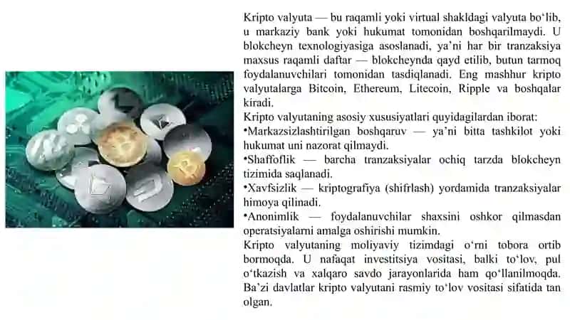 Davlatning moliyaviy tizimida kripto valyutadan foydalanish istiqbollari va xavflari 3