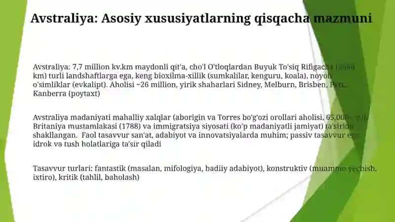 Avstraliya tushunchasi; Xulosa va hukm; Aktiv va passiv xayol, xayol turlari 3