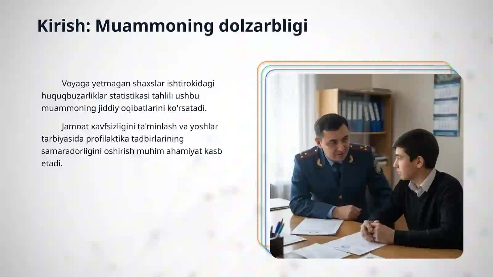 Profilaktika inspektorining voyaga yetmagan shsxsni ma'muriy huquqbuzalik sodir etishga jalb etish huquqbuzarliginingoldini olish faoliyatini takomilashtirish 3
