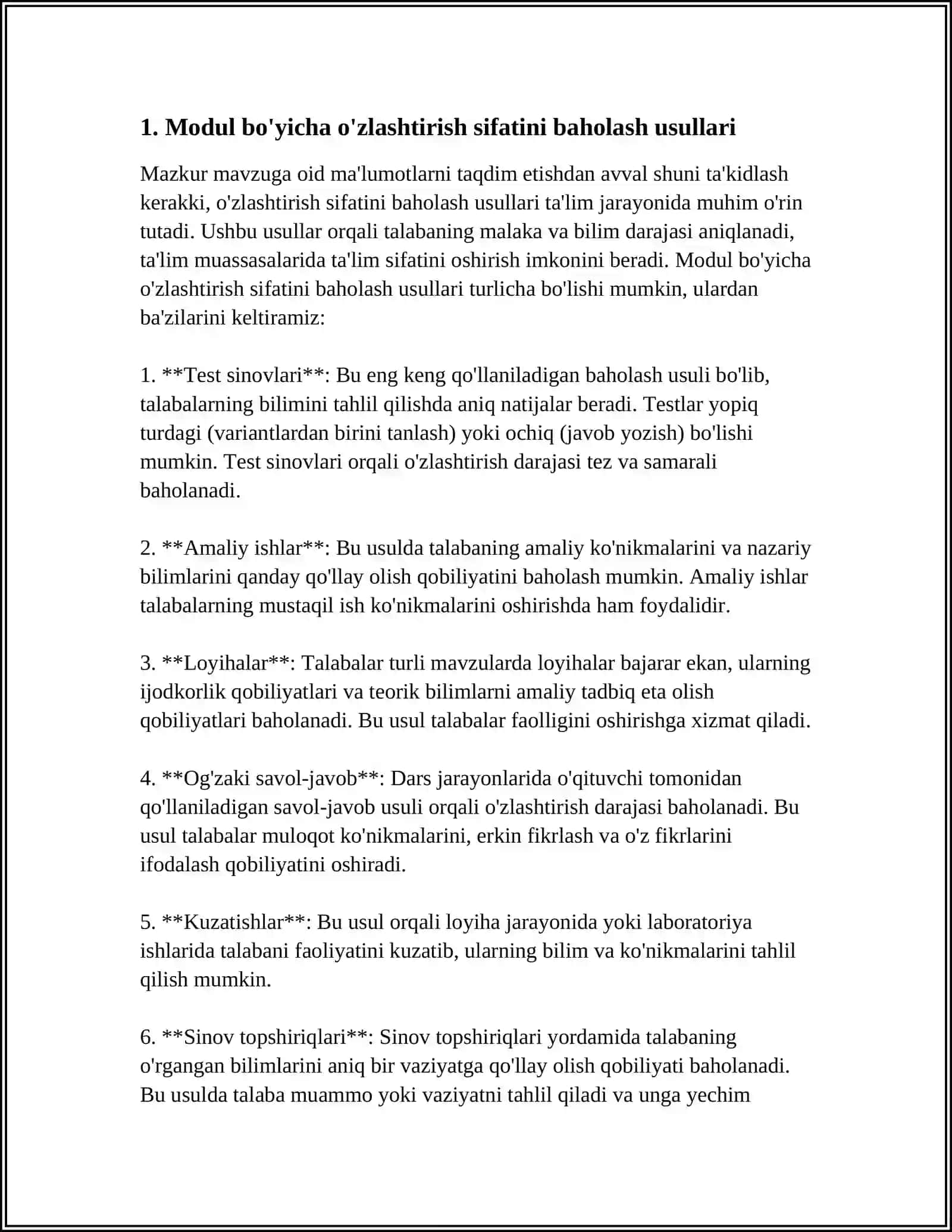 MODUL BOʻYICHA OʻZLASHTIRISH SIFATINI BAHOLASH VA OʻQUV JARAYONINI REJALASHTIRISH, MONITORING OLIB BORISH VA TA'LIM SIFATINI TA'MINLASH, TALABALAR VA NAZORAT QILISH 3