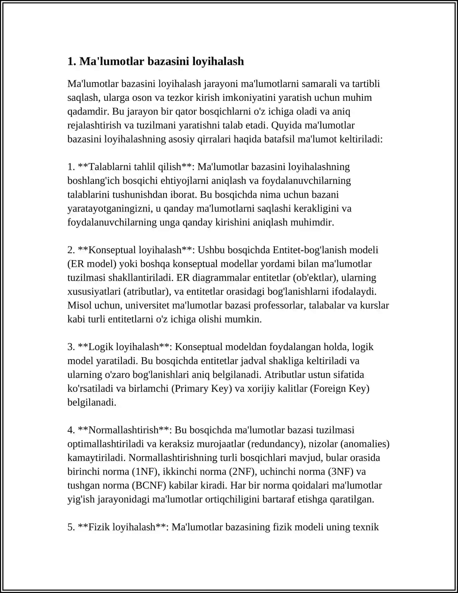 MUSTAQIL ISH Mavzu: MAʼLUMOTLAR BAZALARI BILAN ISHLASH TEXNOLOGIYALARI 3