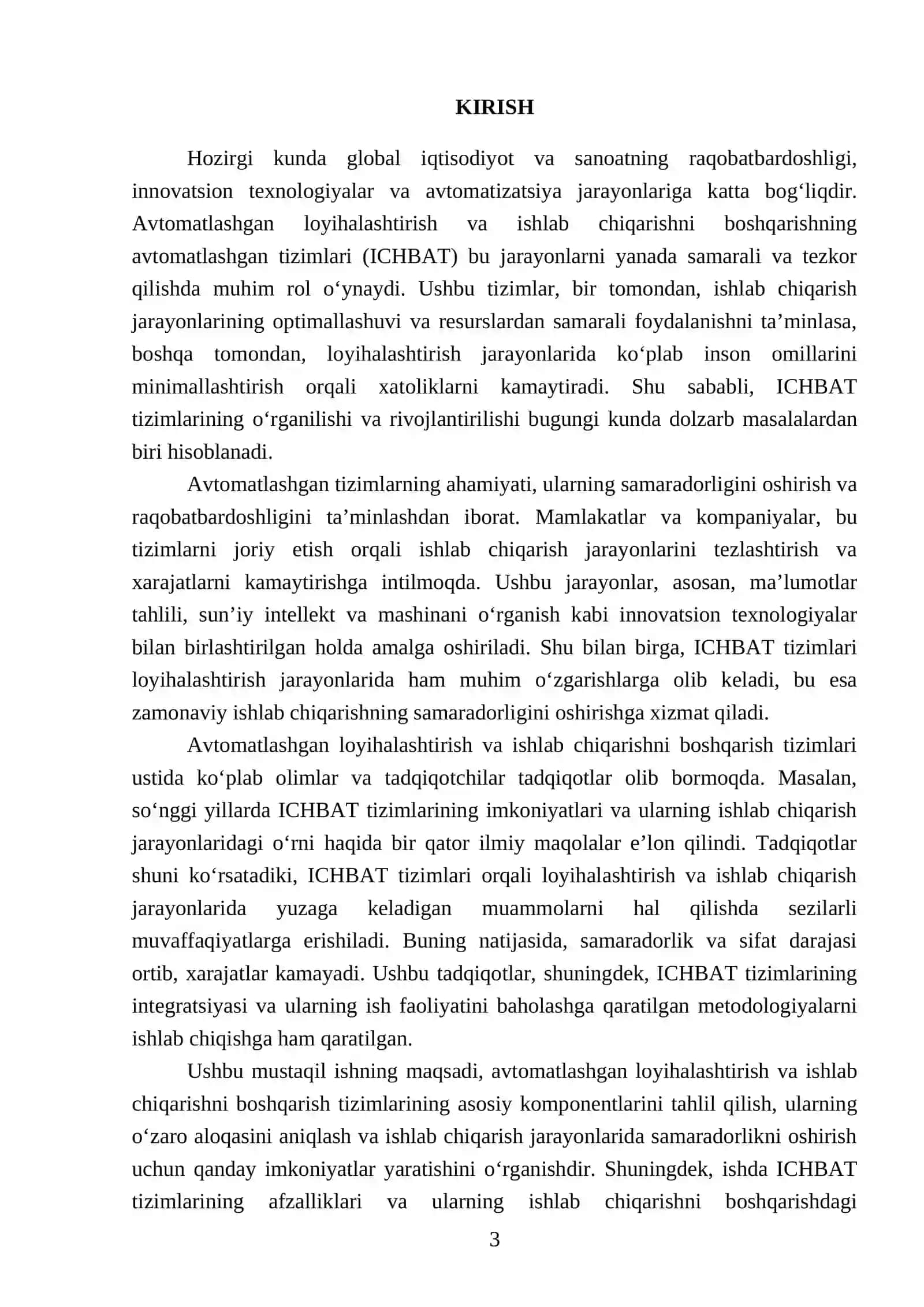 Avtomatlashgan loyihalashtirish va ishlab chiqarishni boshqarishning avtomatlashgan tizimi (ICHBAT) 3