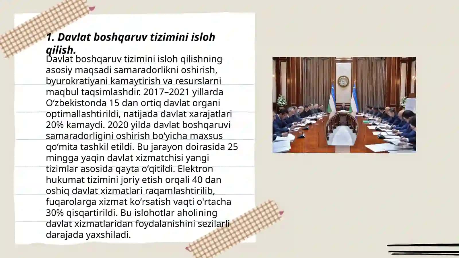 Yangi O'zbekistonda Prezident Sh.M.Mirziyoyev rahbarligi va tashabbusi ostida amalga oshirilayotgan islohotlar 3