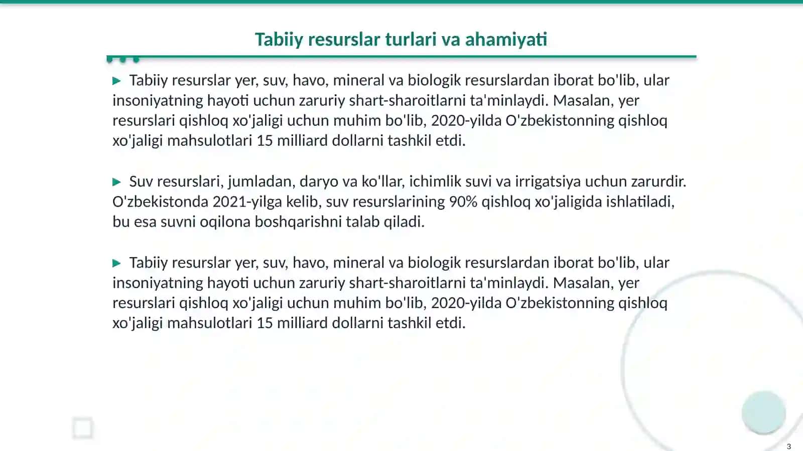 Tabiiy resurslar va ulardan oqilona foydalanish. Muhit va ekologik omillar 3
