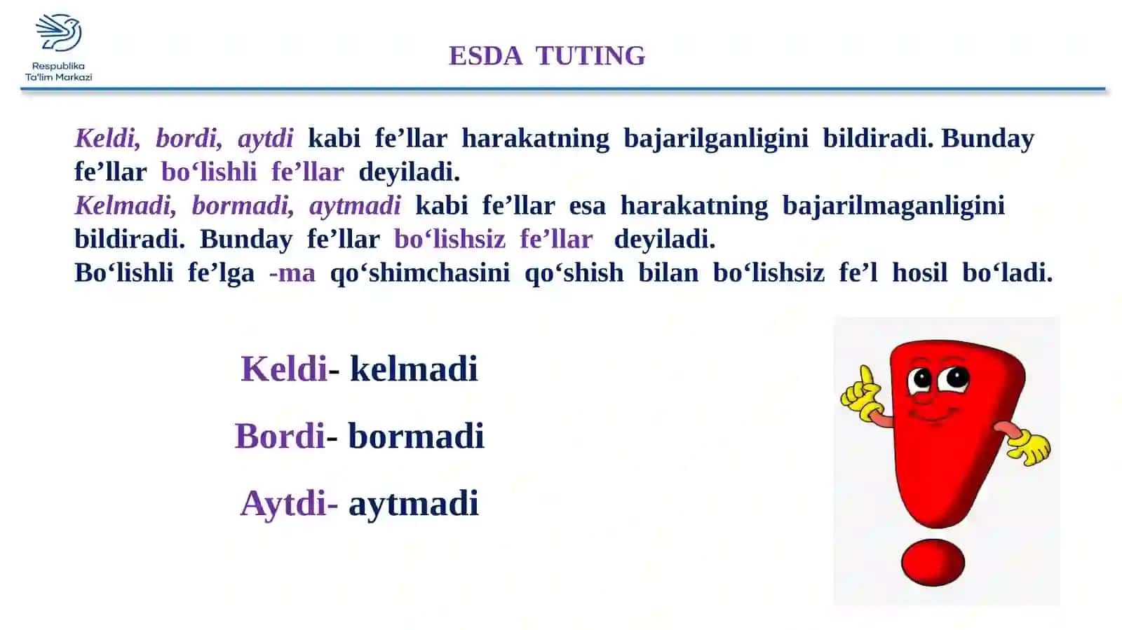 3-sinf O'zbek tili. BO‘LISHLI VA BO‘LISHSIZ FE’LLAR 3