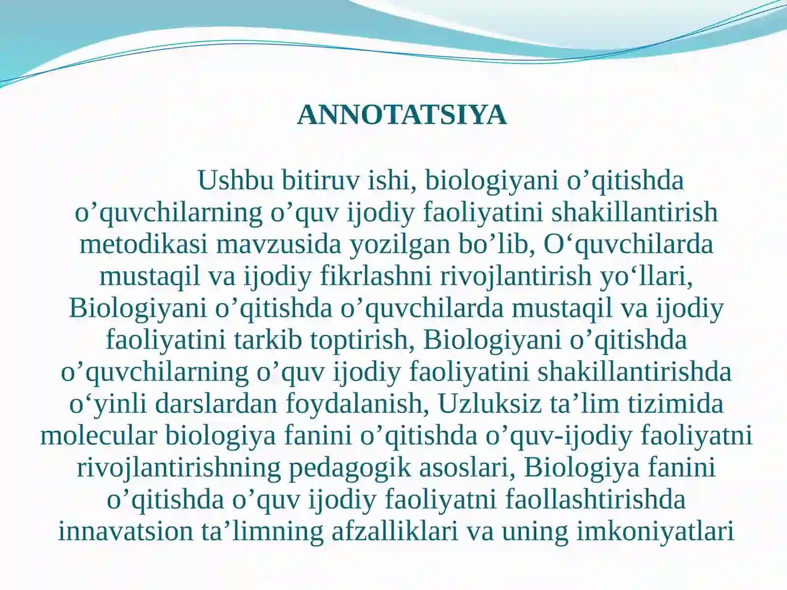 Biologiyani o’qitishda o’quvchilarning o’quv ijodiy faoliyatini shakillantirish metodikasi 3