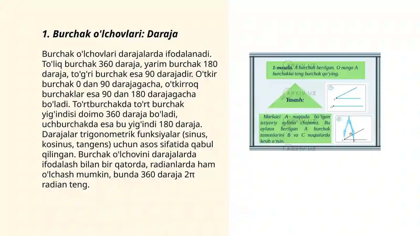 Burchak o'lchovlari turlarini o'rganish va har bir o'lchov turini qo'llanilish sohasini aniqlash 3