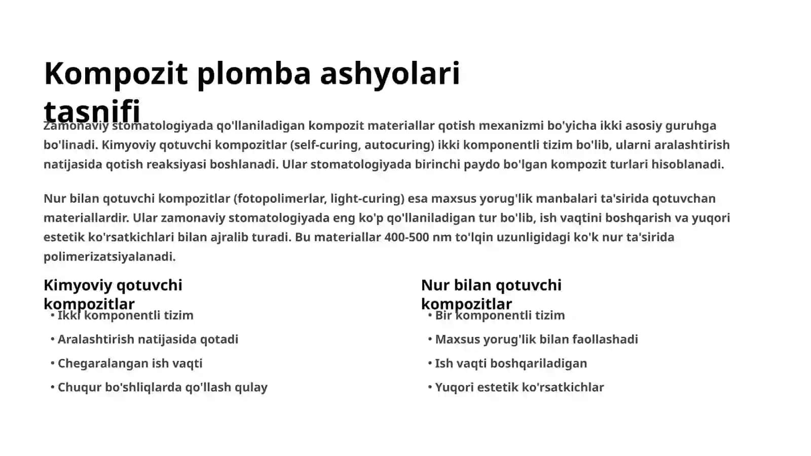 Kimyoviy va nur bilan qotuvchi kompozitlarning polimerizatsiya bosqichining o'ziga xos tomonlari 3
