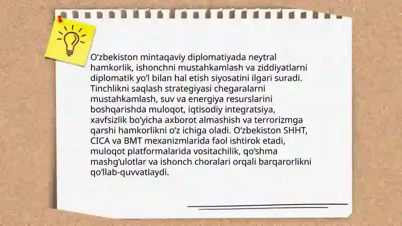 O‘zbekistonning Markaziy Osiyoda tinchlik va barqarorlikni ta’minlashdagi o‘rni 3