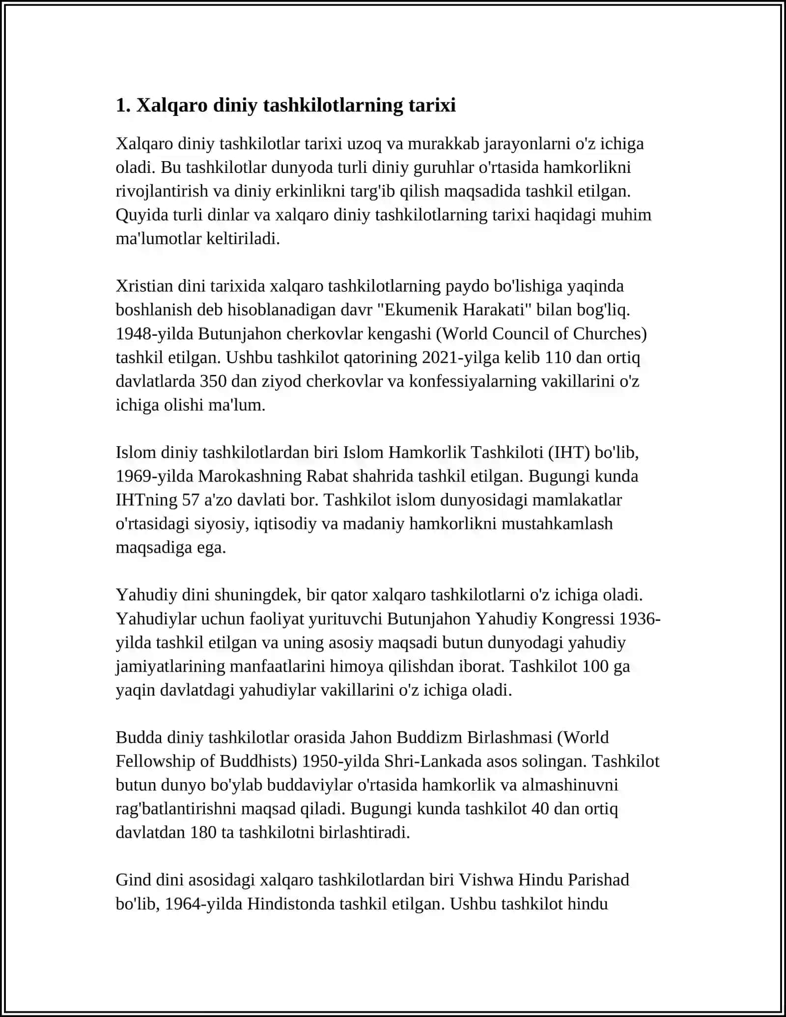 XALQARO DINIY TASHKILOTLAR FAOLIYATINING YO'NALISHLARI 3