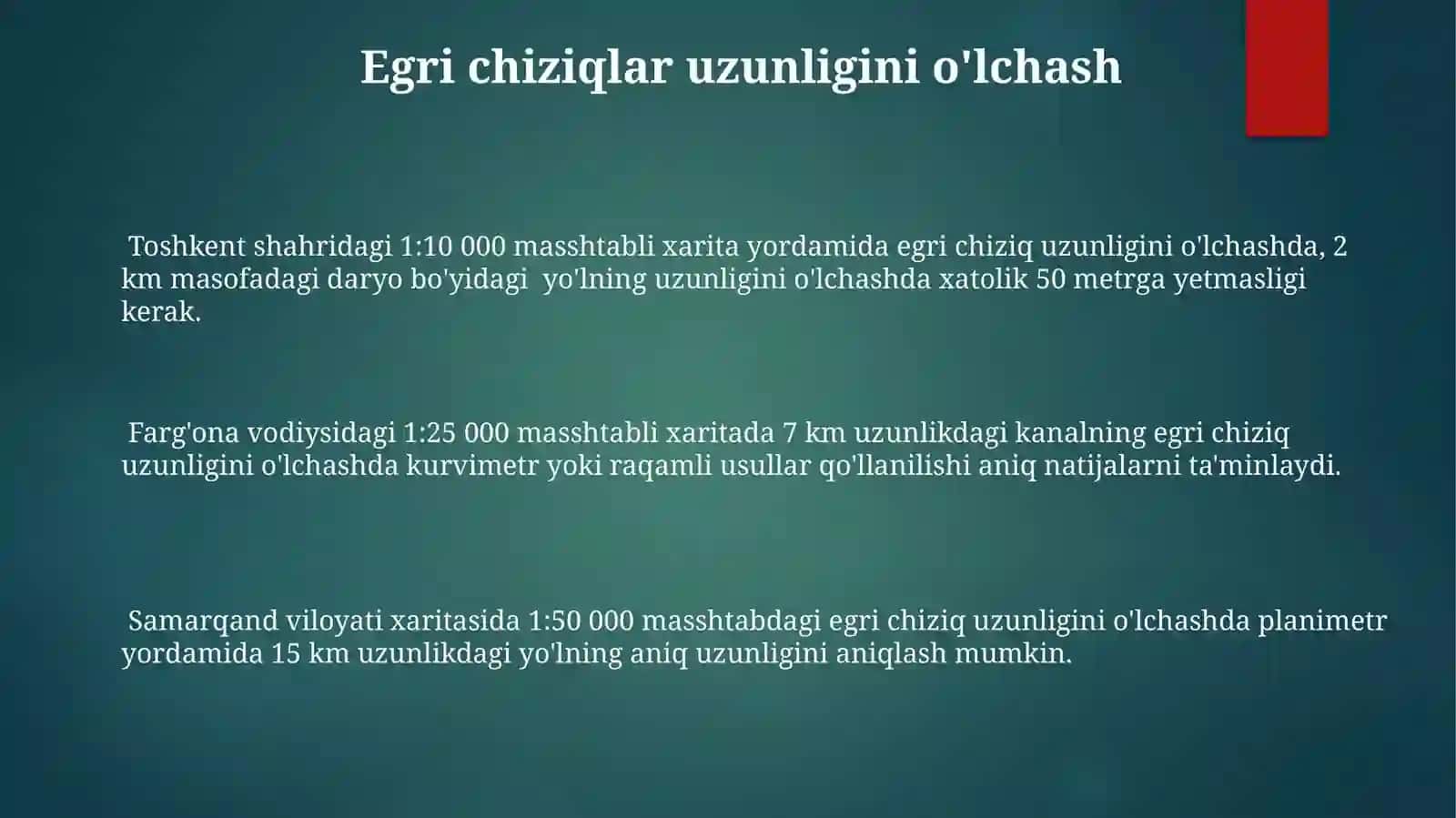 Kartadagiobyektlarninguzinliklarivamaydonlarinioʻlchash 3