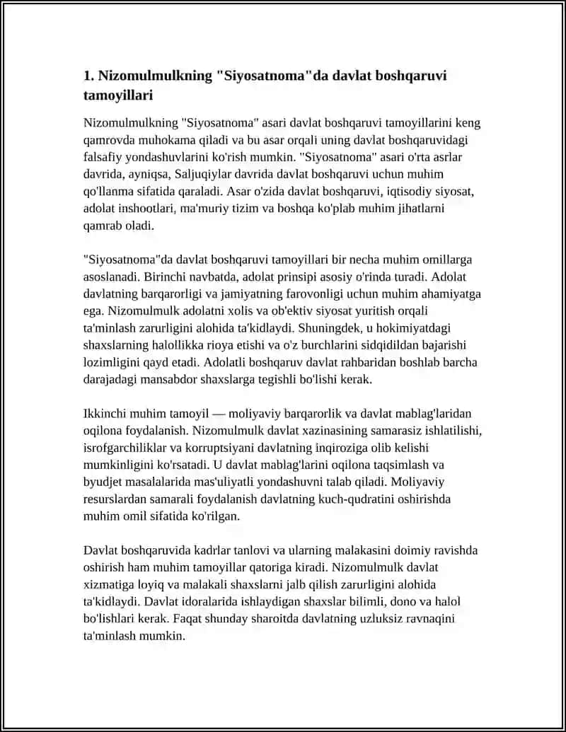 NIZOMULMULK "SIYOSATNOMA" ASARI BO'YICHA JAMIYAT BOSHQARUVIGA OID G'OYALARNI TAHLIL QILISH 3
