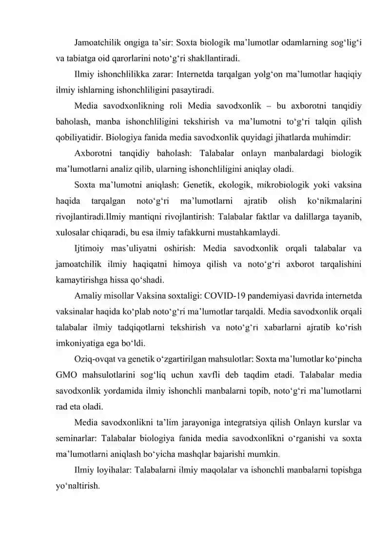 BIOLOGIYA FANIDA SOXTA MA'LUMOTLARNING TARQALISHIGA QARSHI MEDIA SAVODXONLIGINING O‘RNI 3