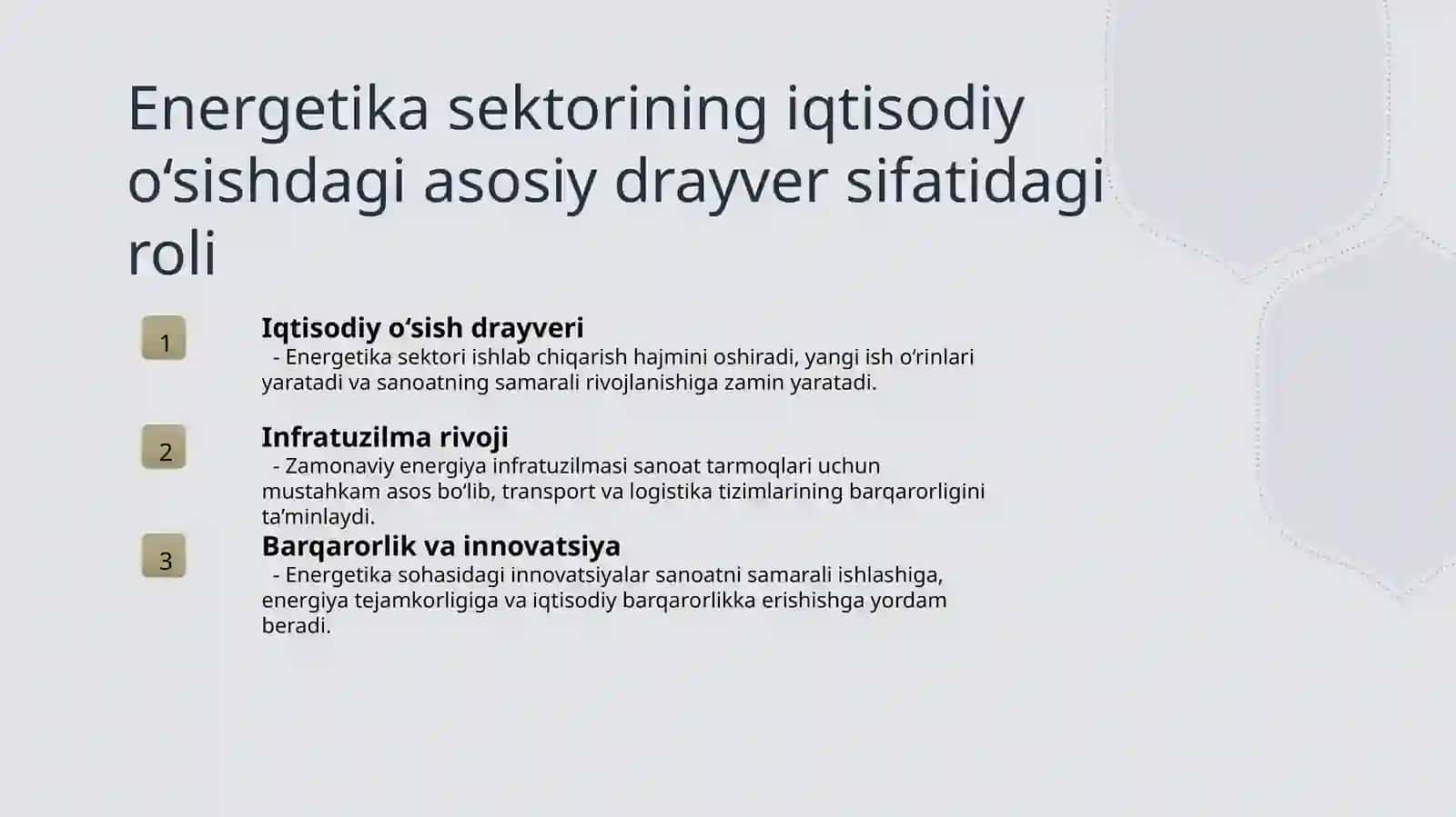 Enetgetika sektorining tarmoqlar iqtisodiyotidagi ro'li 3
