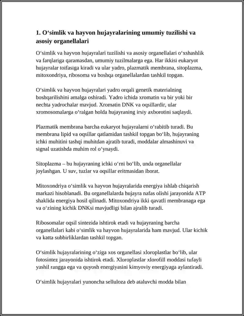 OʻSIMLIK VA HAYVON HUJAYRALARI OʻXSHASHLIGI VA FARQI. PROKARIOT VA EUKARIOTLARNING TUZILISHI. HUJAYRA SHAKLIGA EGA BOʻLMAGAN TUZILMALAR 3