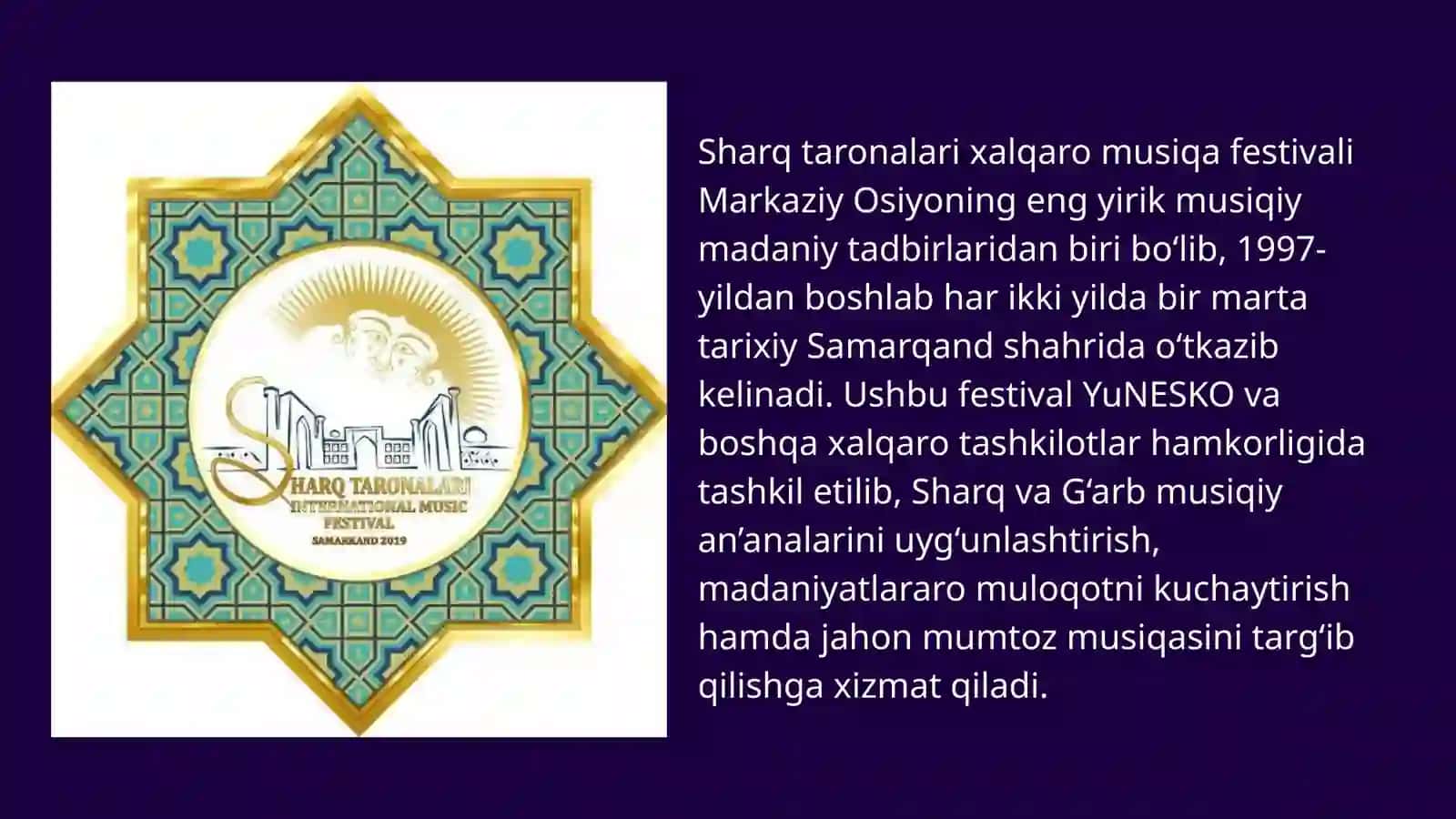 “SHARQ TARONALARI” XALQARO MUSIQA FESTIVALI DUNYO MUMTOZ MUSIQASINING AXBOROT MANBASI 3