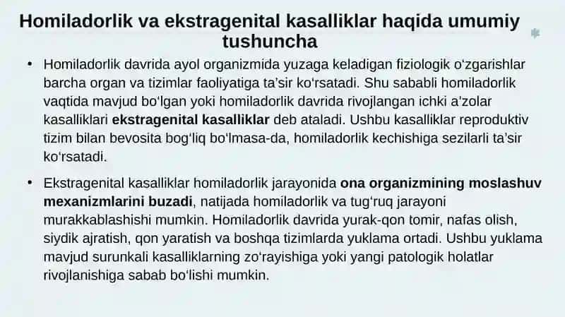 Homiladorlik va ekstragenital kasalliklar kamqonlik siydik yo’li infeksiyasi yurak qon tomir va nafas olish tizimi bilan bog’liq kasalligini boshqarish 3