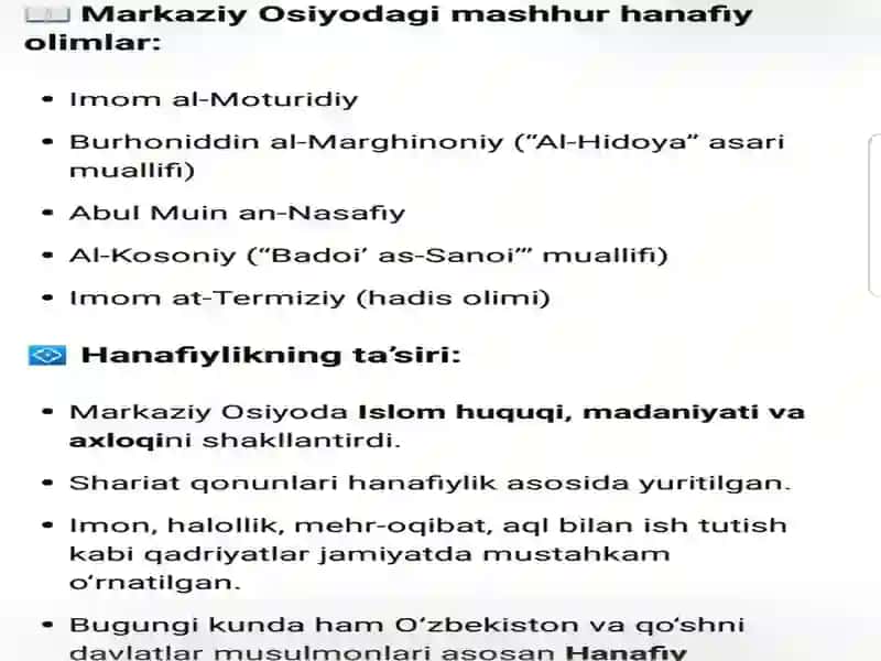 nalishlari va maktablari. Markaziy Osiyo tarixida Xanafiya mazxabining o 3