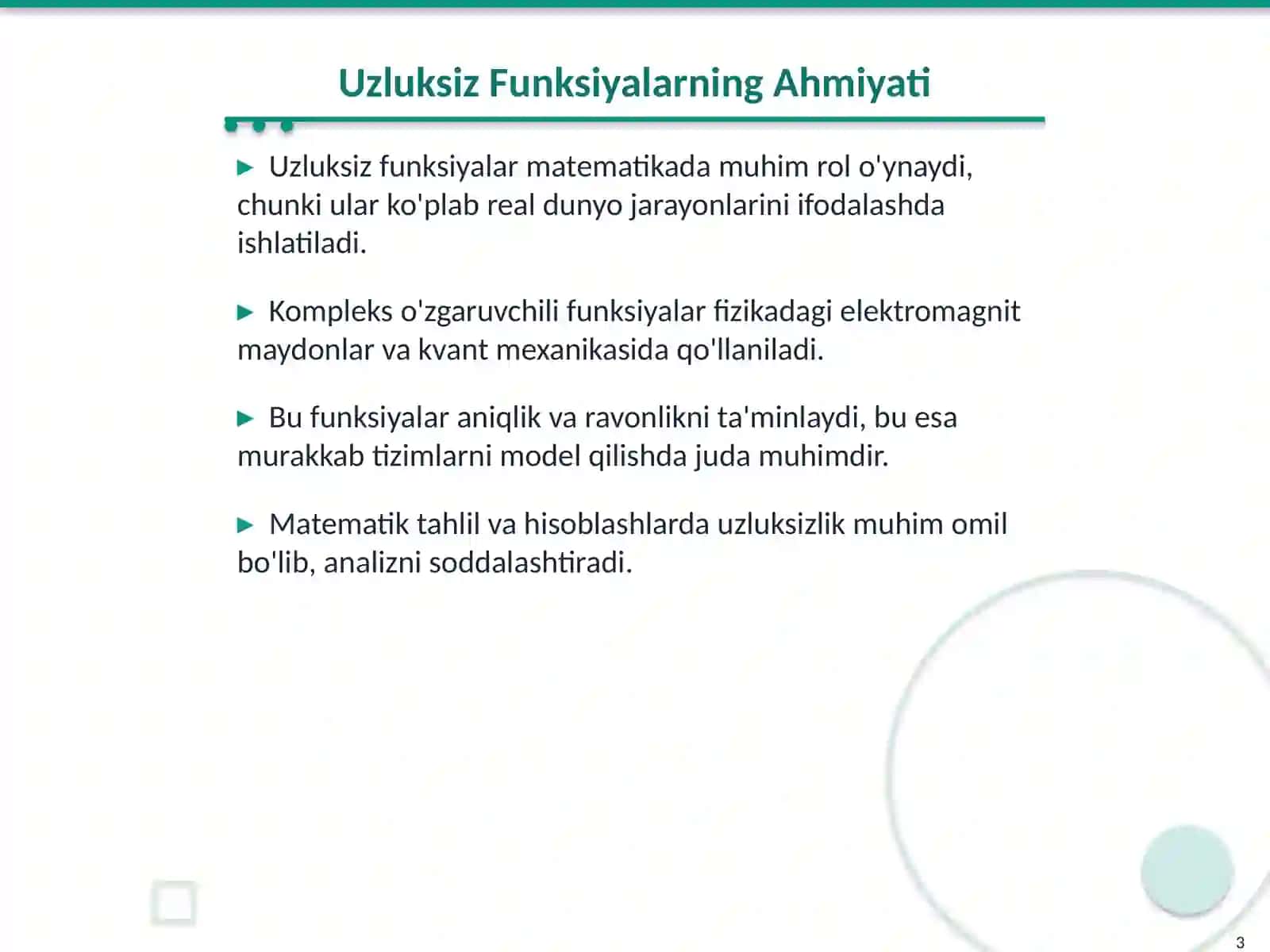 Kompleks O'zgaruvchili Uzluksiz Funksiyalarning Global Xossalari 3