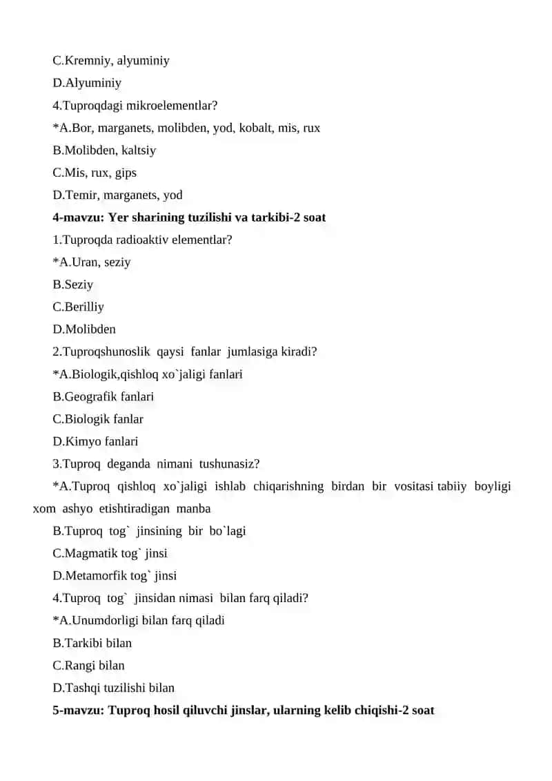 Tuproqshunoslik fanidan test 3