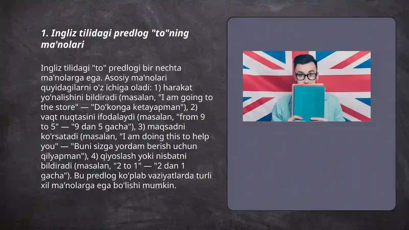 Ingliz tili predloglari ( to, in, on) 3