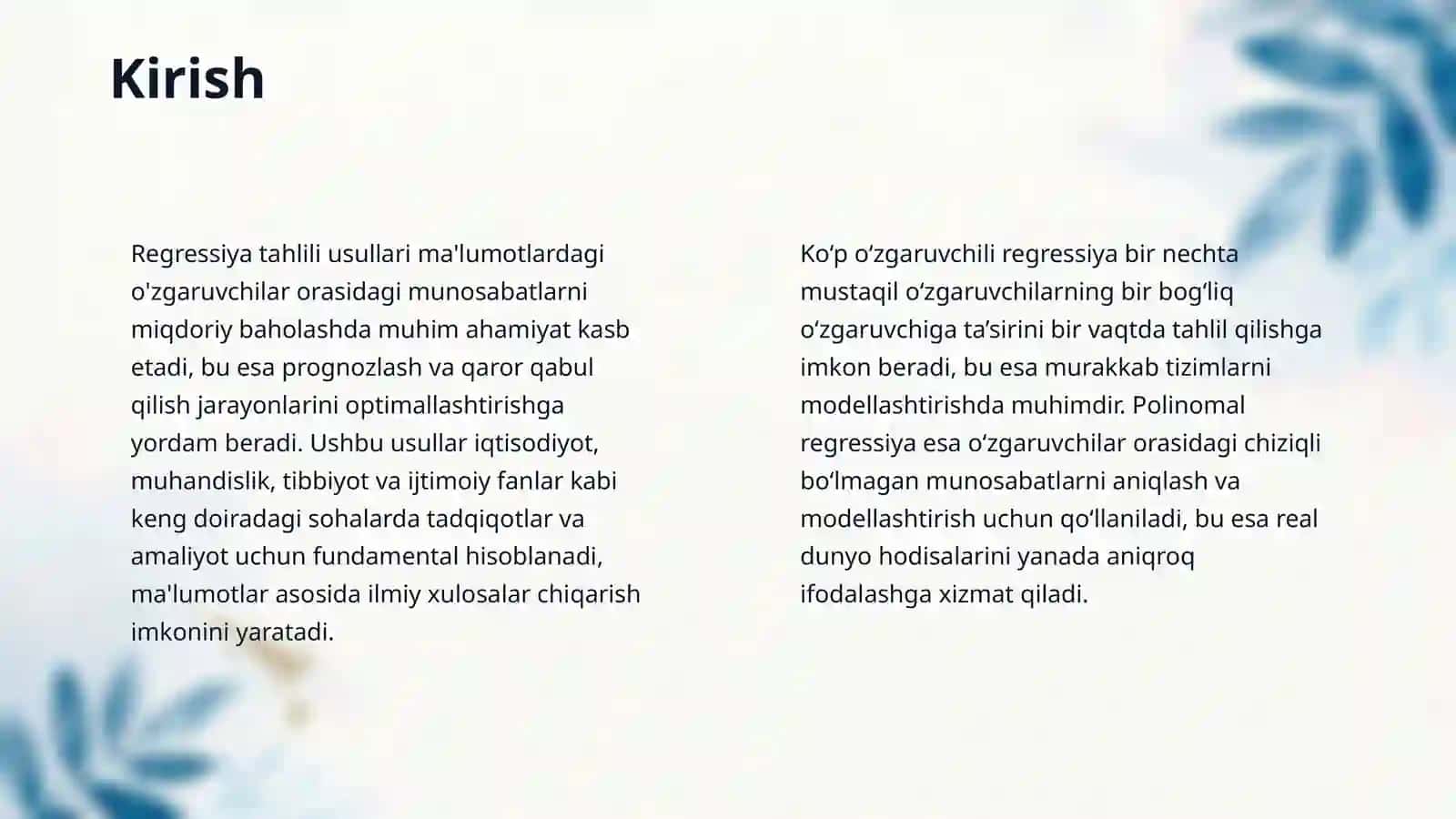 Ko‘p o‘zgaruvchili chiqizli regressiya va Polinomal regressiya asosida model ishlab chiqish. 3