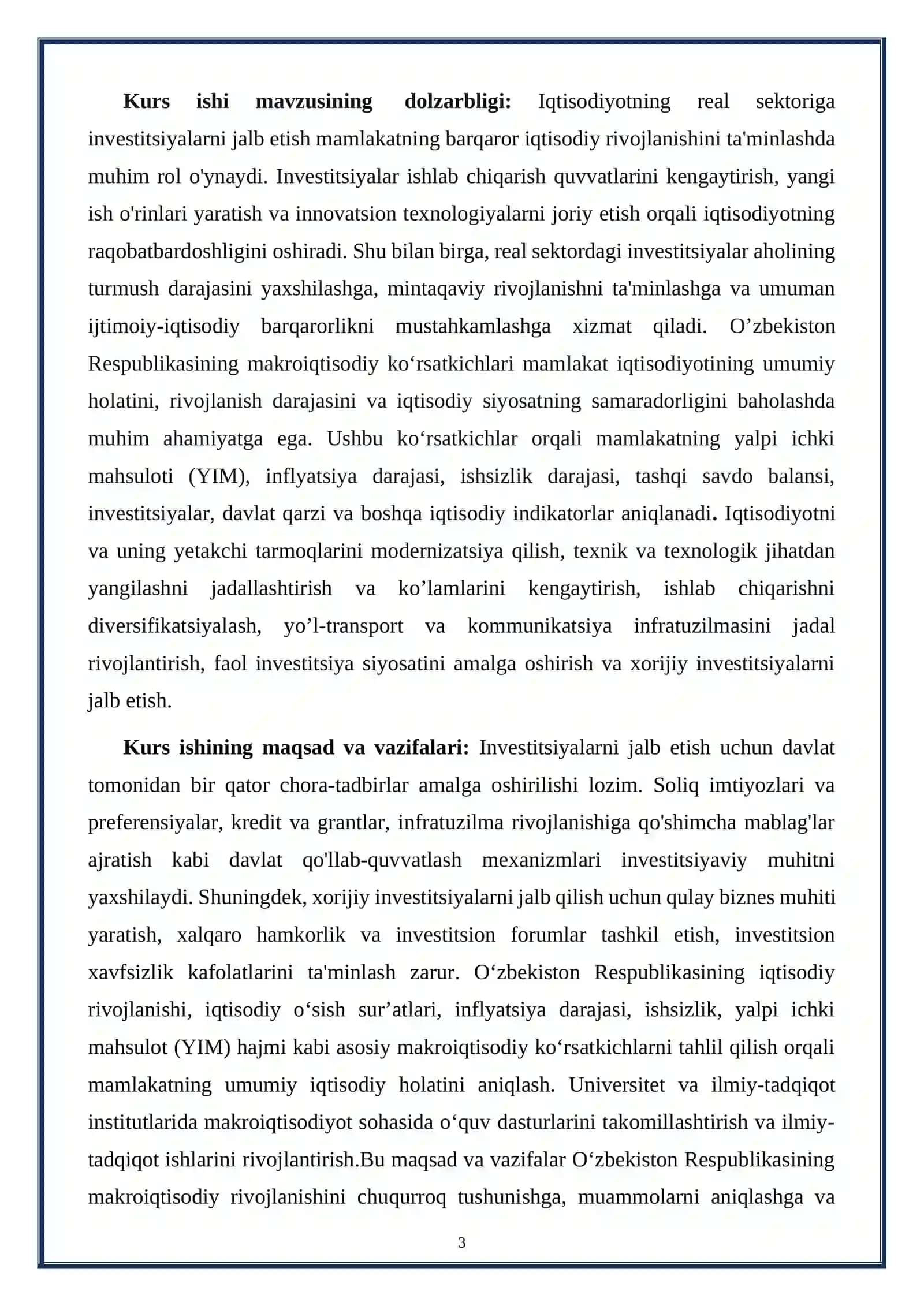 KURS ISHI: Iqtisodiyotning real sektoriga investitsiyalar jalb etish yo’llari 3