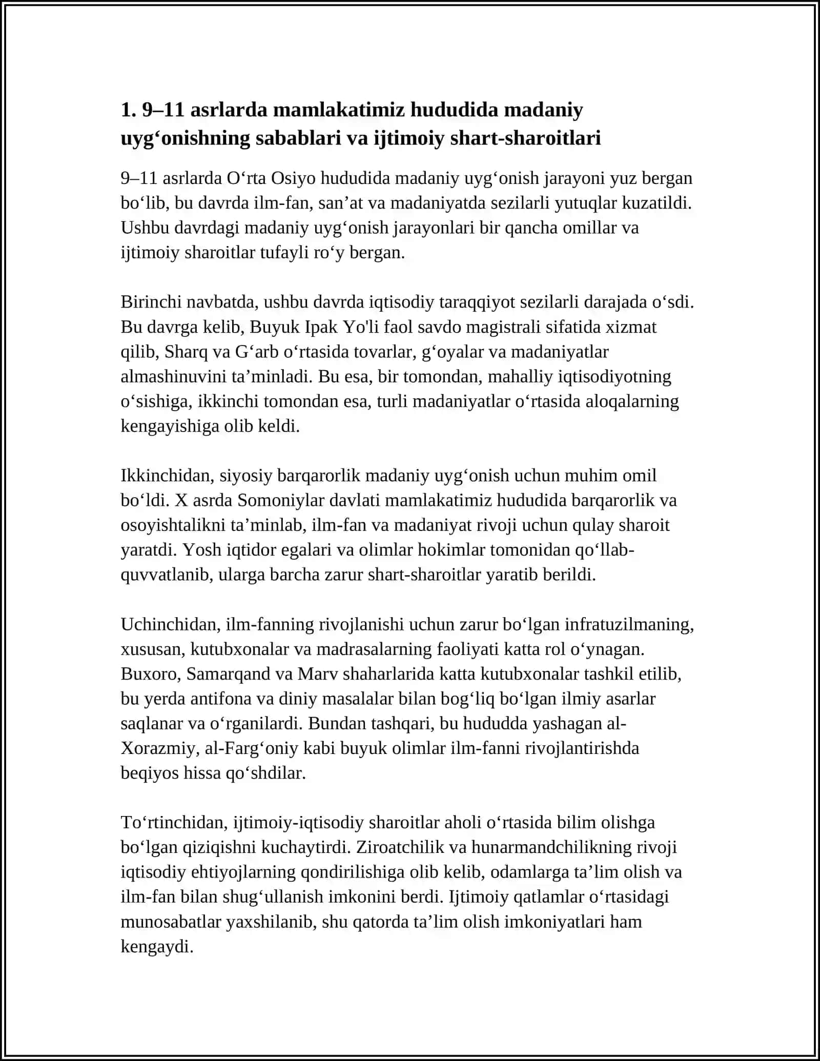 Mustaqil ish: 9 11 ASRLARDA MAMLAKATIMIZ HUDUDIDA ROY BERGAN MADANIY UYG‘ONISH. RENESANS DAVRI BUYUK ALLOMALARINING JAHON SVILIZATSIYASIGA QÖSHGAN HISSASI IJODIY ISHNI BAJARISH 3