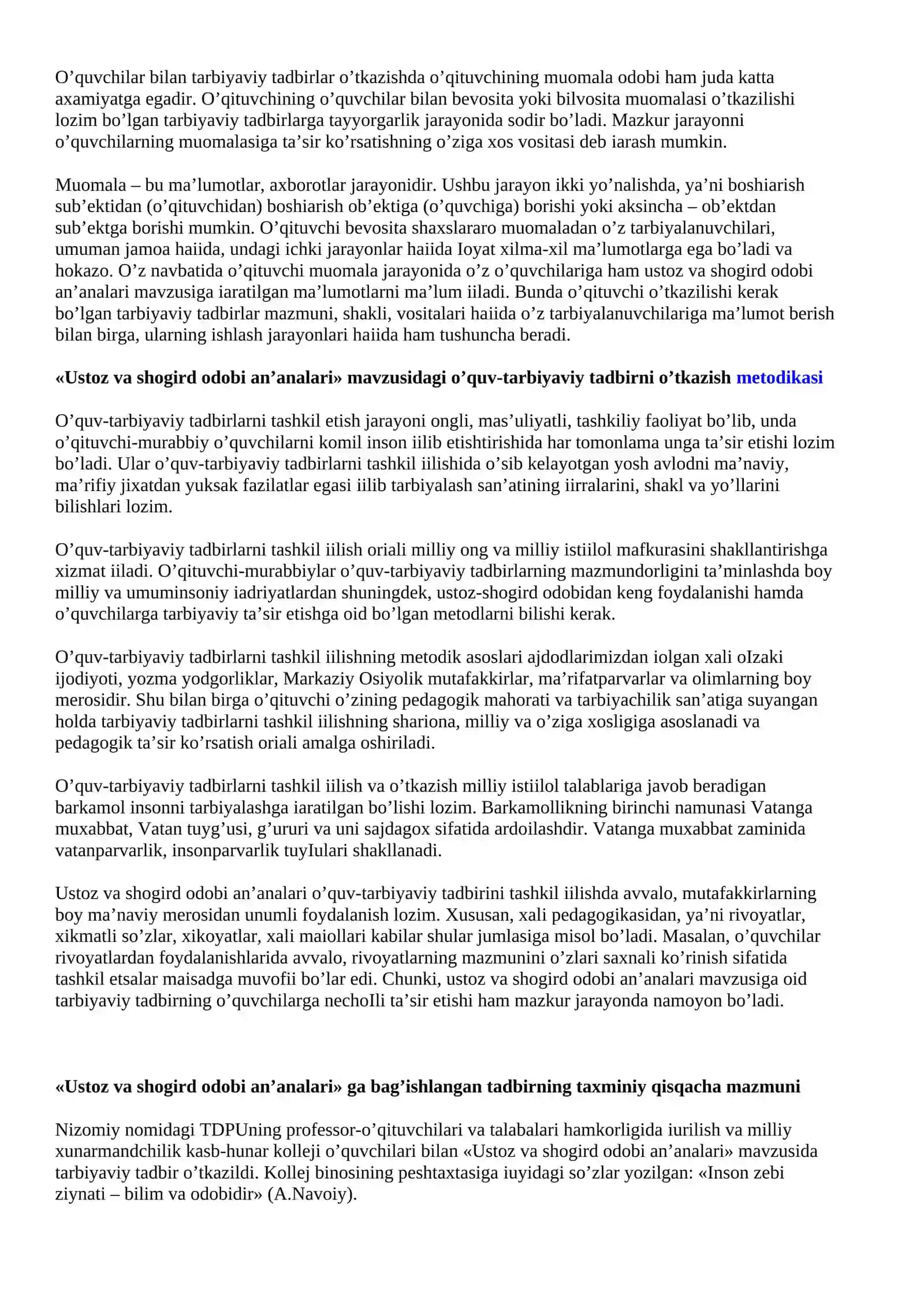O`quv tarbiyaviy tadbirlarni tashkil va uni o`tkazish metodikasi 3