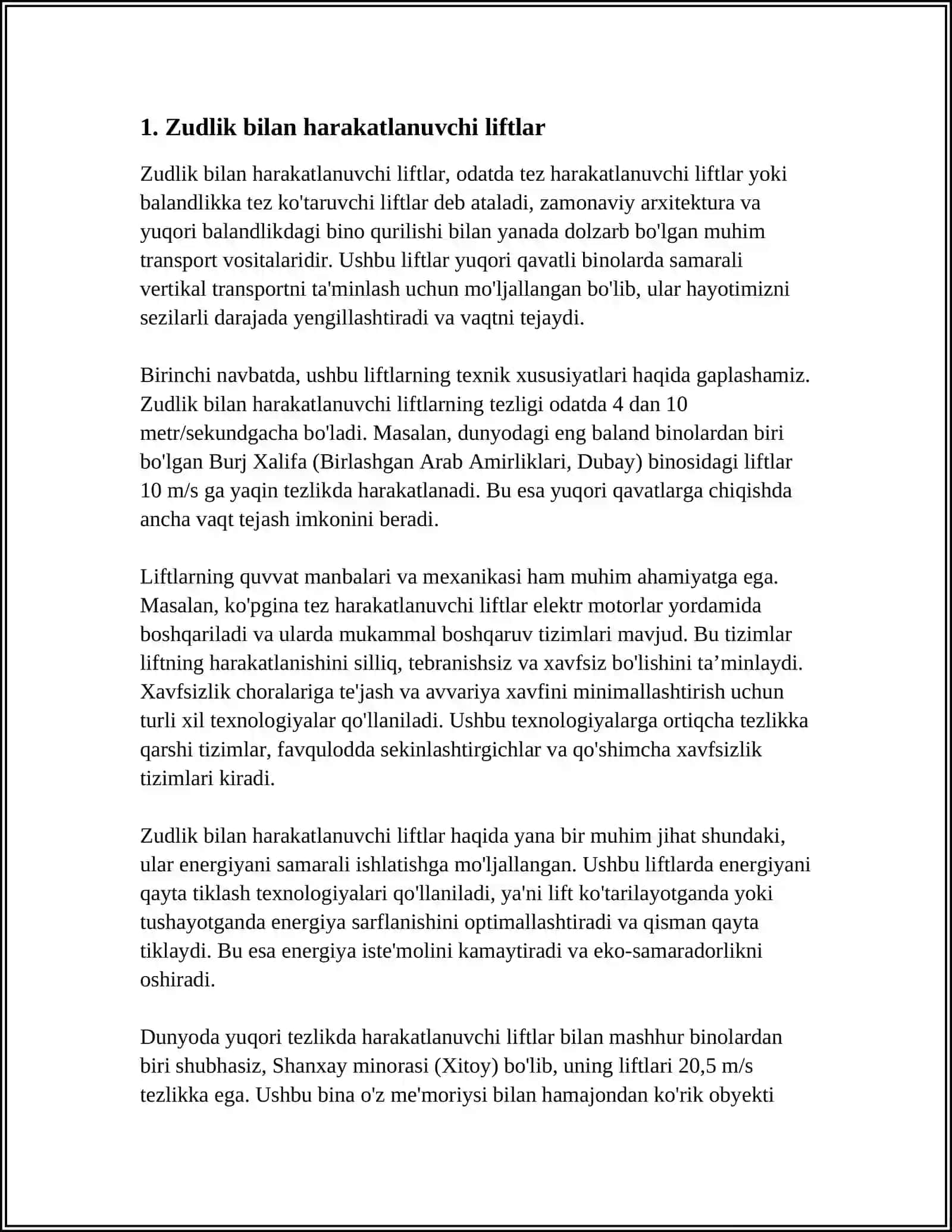 PASSAJIR TASHIYDIGAN LIFTLAR HARAKAT TEZLIGIGA KO'RA QANDAY TURLARGA BO'LINADI 3