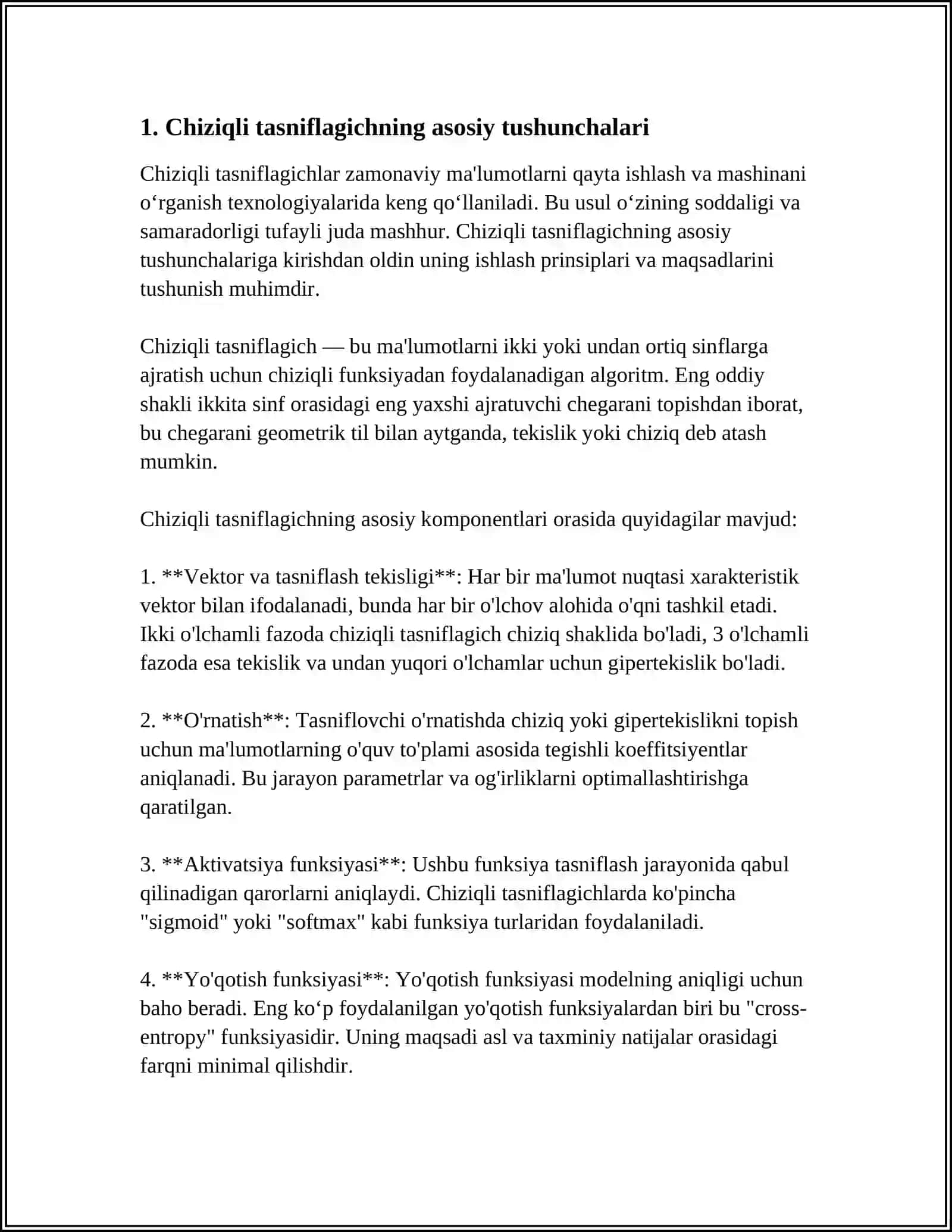 ASOSIY CHIZIQLI TASNIFLAGICHNI QURISH MAVZUSIDA MUSTAQIL ISH 3