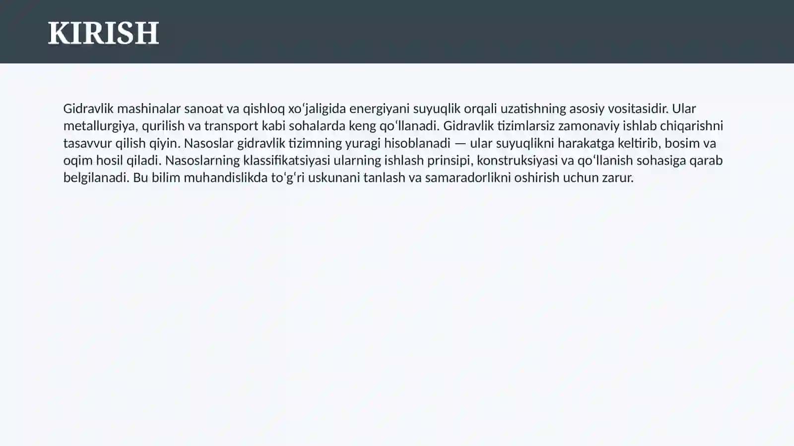 GIDRAVLIK MASHINALAR VA ULARNING KLASIFIKASIYASI. NASOSLAR VA ULARNI ISHLASH PRINSIPI 3