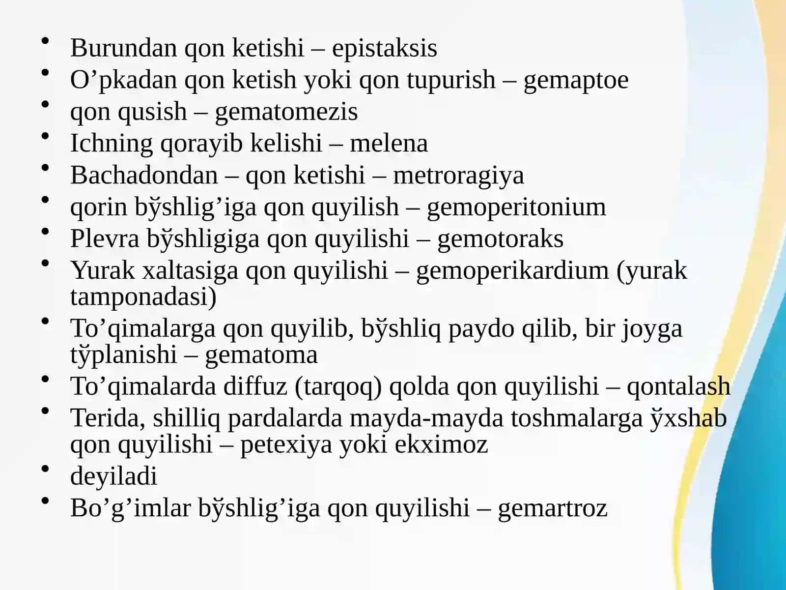 Gemorragik sindrom. Massiv qon yo’qotish. Gomologik qon, DVS sindromi klinikasi, diagnostikasi. Tez tibbiy yordam ko’rsatish usullari. UASH taktikasi. 3