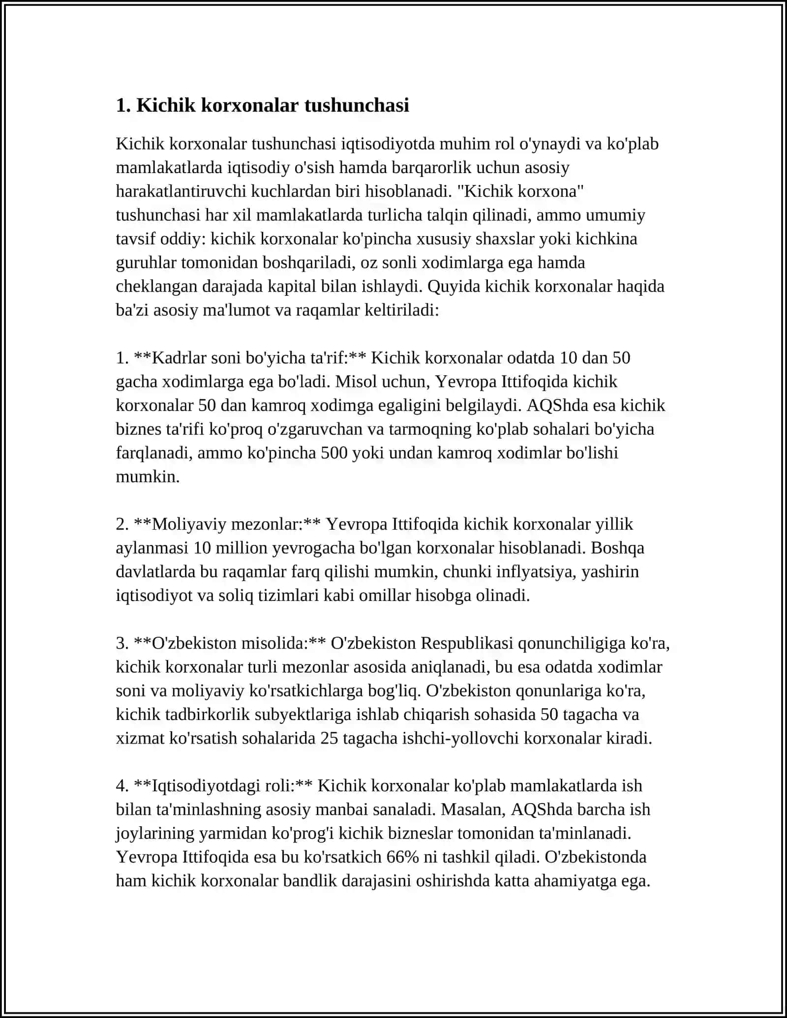 QANDAY TADBIRKORLIK SUBYEKTLARINI KICHIK KORXONALAR DEB ATASH MUMKIN VA ULARNING QANDAY TURLARINI BILASIZ? 3