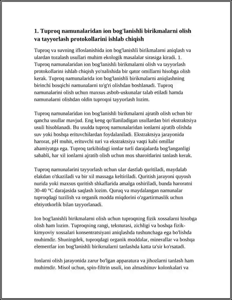 TUPROQ VA SUVNING IFLOSLANISHIDA ION BOG'LANISHLI BIRIKMALARNI ANIQLAB, ULARDAN TOZALASH USULLARNI ISHLAB CHIQISH 3