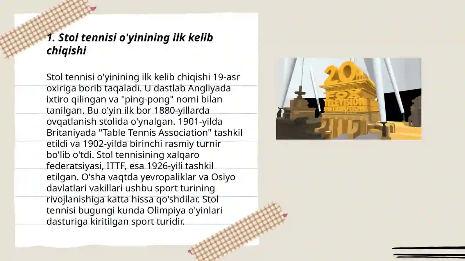 Stol tennisi õyinining kelib chiqish va rivojlanish tarixi 3