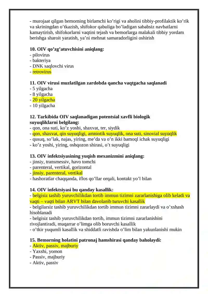 Hamshiralik ishi (patronaj hamshiralari) mutaxassisligi bo’yicha shakllantirilgan test savollari ro’yxati argost test 100 % 3