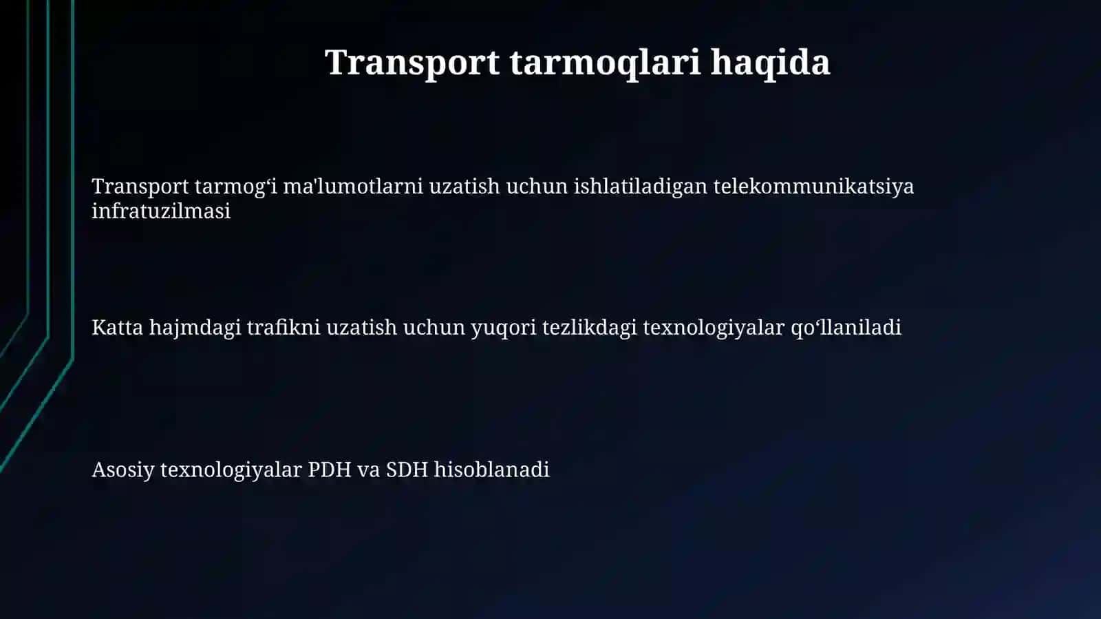 Transport tarmoqlarida qo‘llaniladigan protokollar va texnologiyalar: PDH,SDH texnologiyasida ishlash 3
