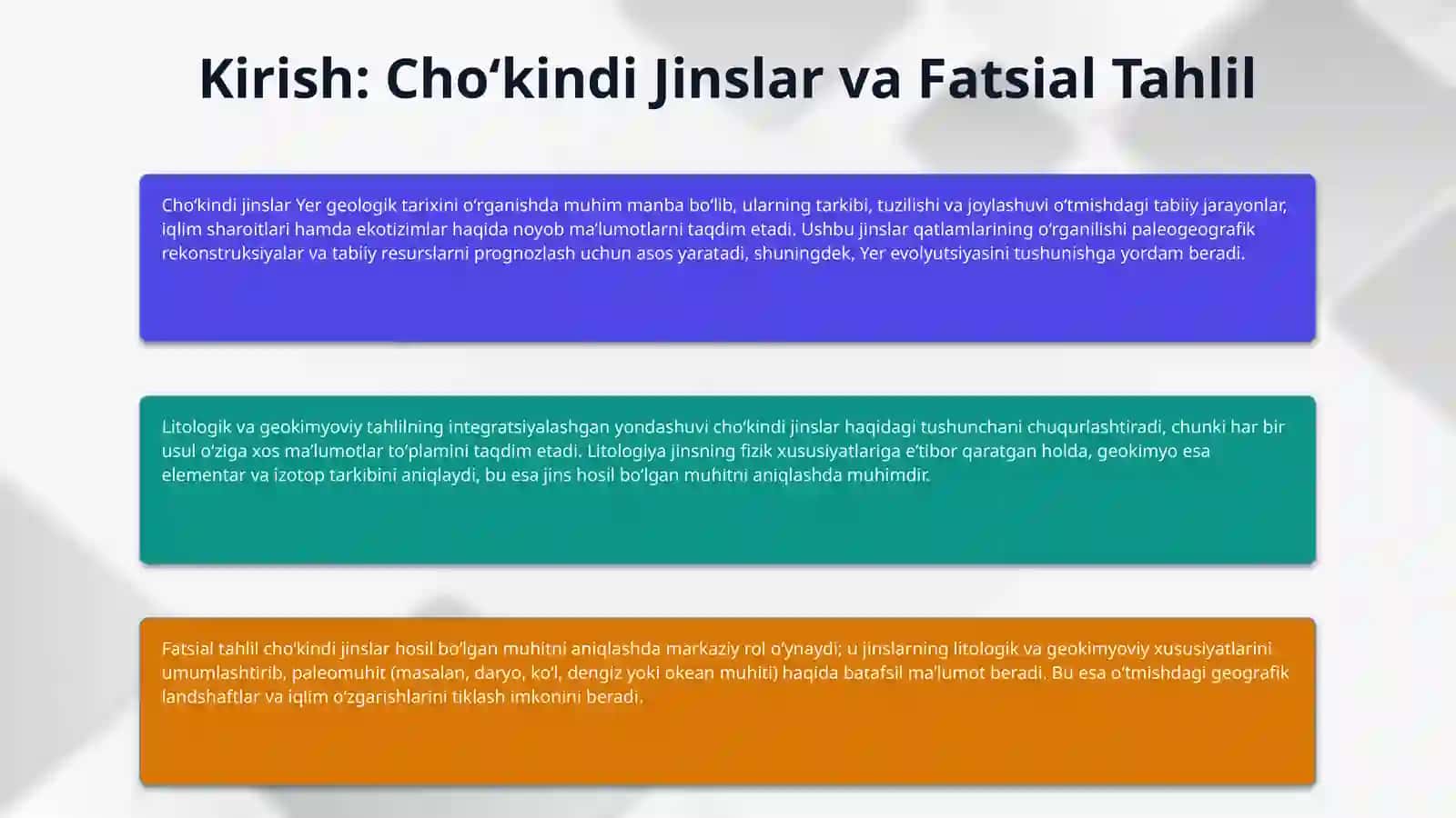 Choʻkindi jinslarni litologik va giokimyoviy fatsial tahlil 3