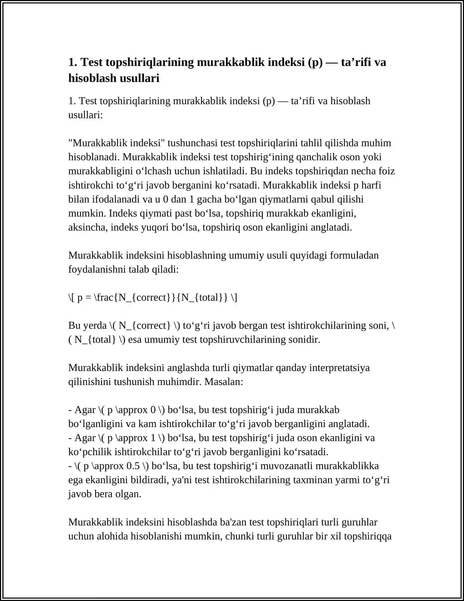 TEST TOPSHIRIQLARINING MURAKKABLIK INDEKSI(EFFEKTIVLIK)VA DISKRIMINATIVLIGI 3