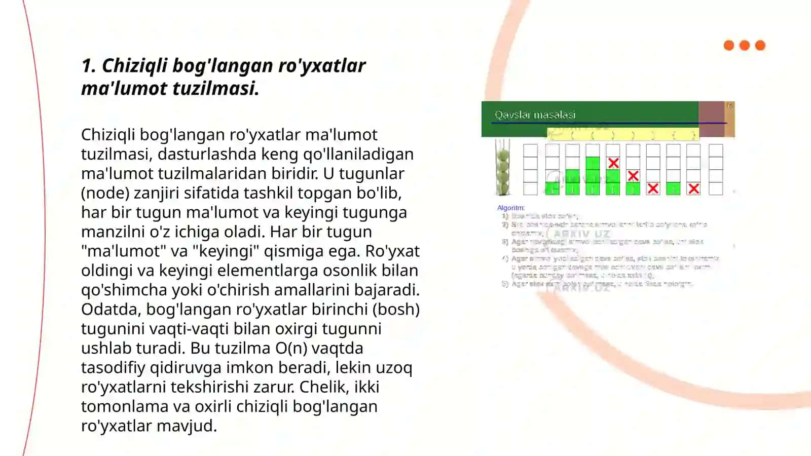 Chiziqli bog'langan ro'yxatlar bilan ishlash algoritmlari va dasturlarini tuzish 3