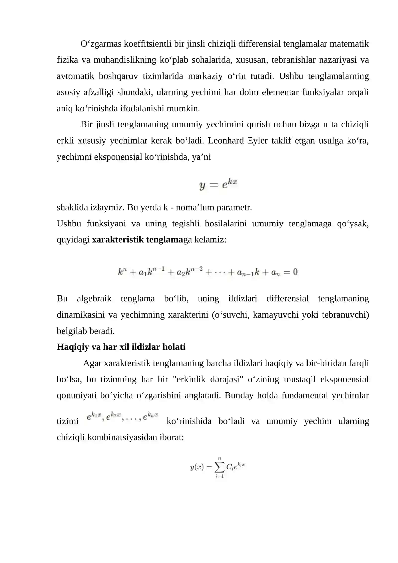 Yuqori tartibli o‘zgarmas koeffitsientli differensial tenglamalar. Chiziqli differensial tenglamalar sistemasi 3