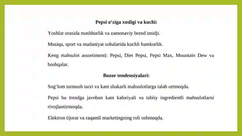 Pepsi brendi raqobat muhiti, maqsadli auditoriyasi va pozitsiyasi tahlili 3