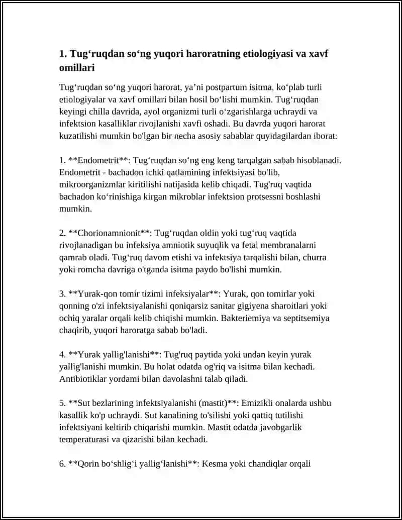 TUGʻRUQDAN SOʻNG YUQORI HARORAT. CHILLA DAVRI SEPTIK KASALLIKLARI. TASHXISLASH. OLIB BORISH 3