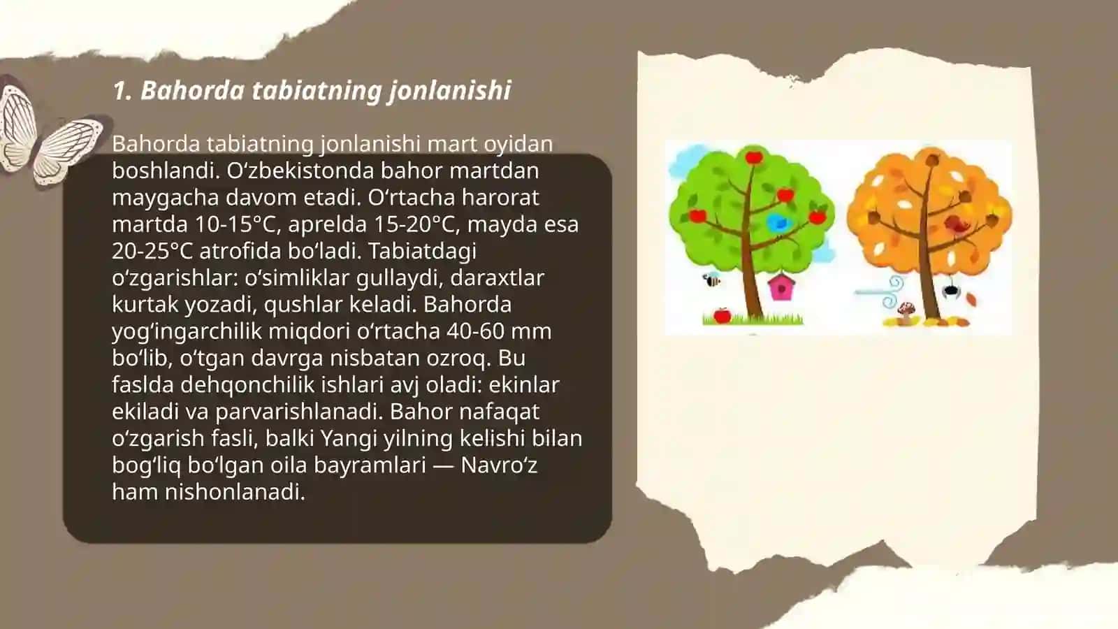 Turli fasllarda tabiatdagi mavsumiy òzgarishlar haqidagi tasavvurlar hosil qilish va ularda amalga oshiriladigan ishlar 3