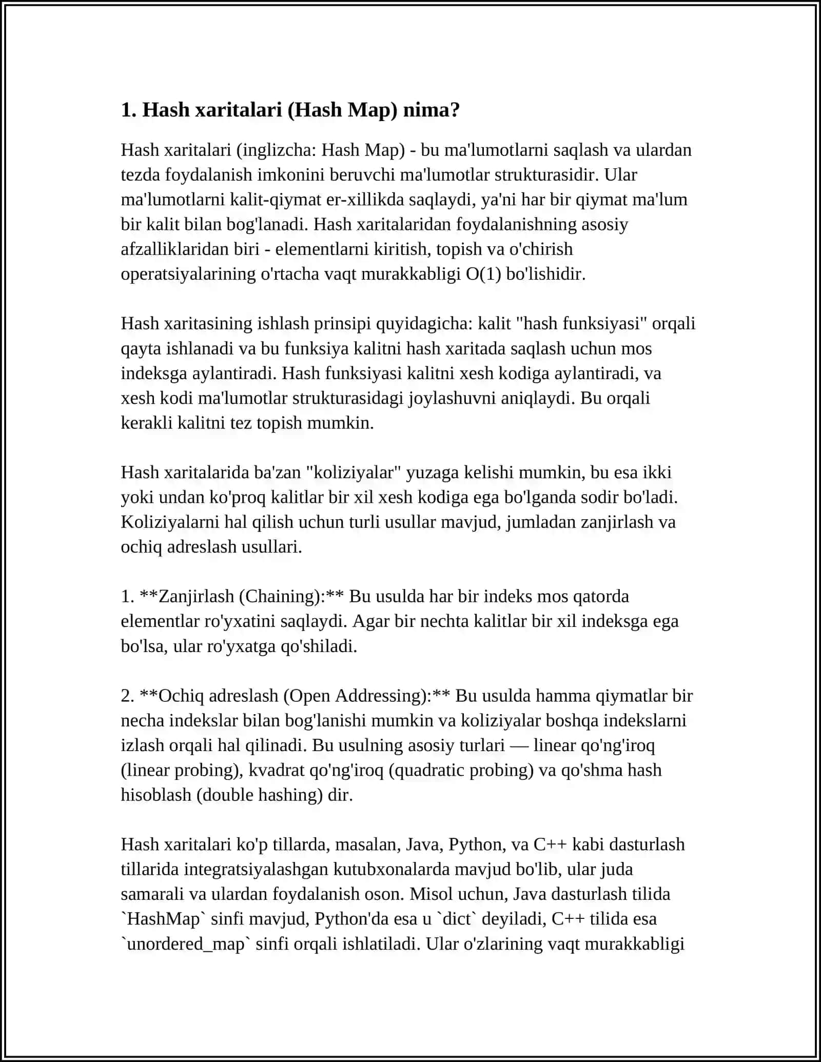 MA’LUMOT TUZILMALARINI AMALDA QO‘LLASH HASH MAP: HASH MAP YARATISH VA COLLISION HANDLING METODLARINI (CHAINING, OPEN ADDRESSING) QO‘LLAB-QUVVATLASH. MISOL SIFATIDA 70 TA ELEMENT BILAN HASH MAP YARATISH 3