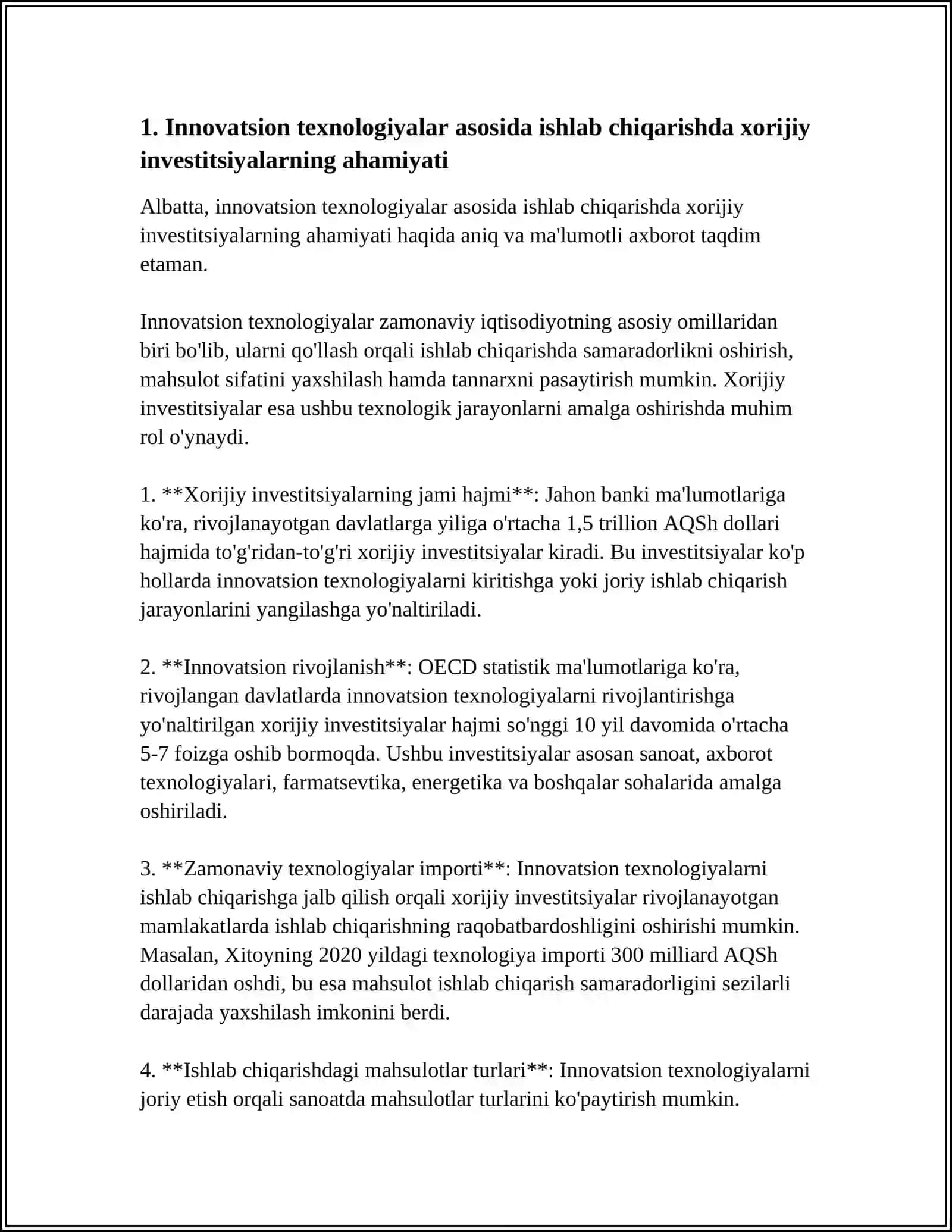 INNOVATSION TEXNOLOGIYALAR ASOSIDA ISHLAB CHIQARISH FAOLIYATI TIKLASHDA XORIJ INVESTITSIYASINI ORNI 3